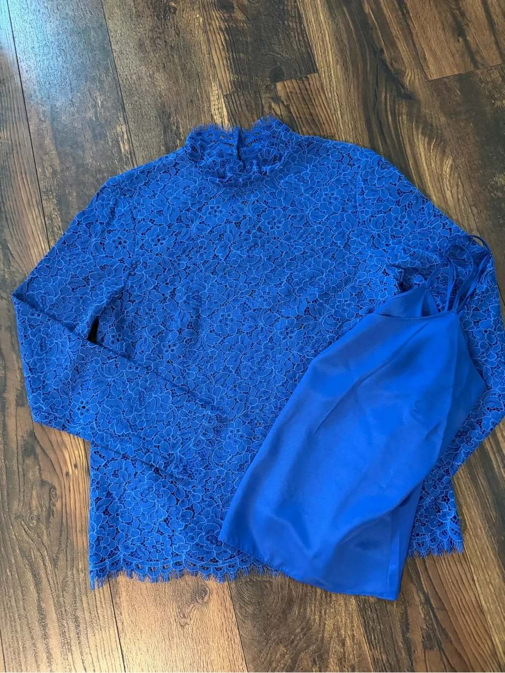 J. Crew Royal Blue Floral Lace Long-Sleeve Mock Neck Top